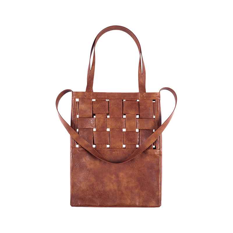 Faux Leather Woven Structure Crossbody Shoulder Bag Brown