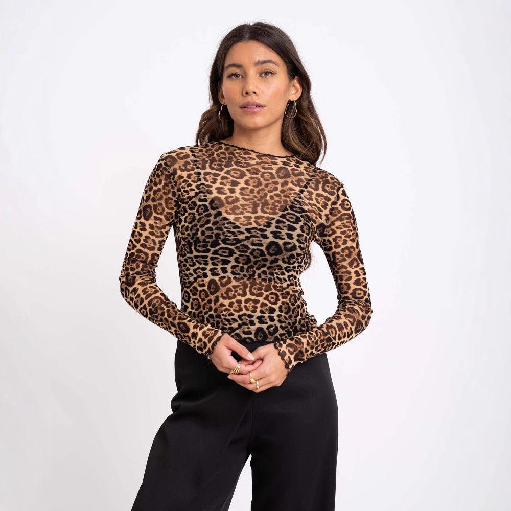 Women's Leopard-Print Mesh Printed Bodysuit T-Shirt Top