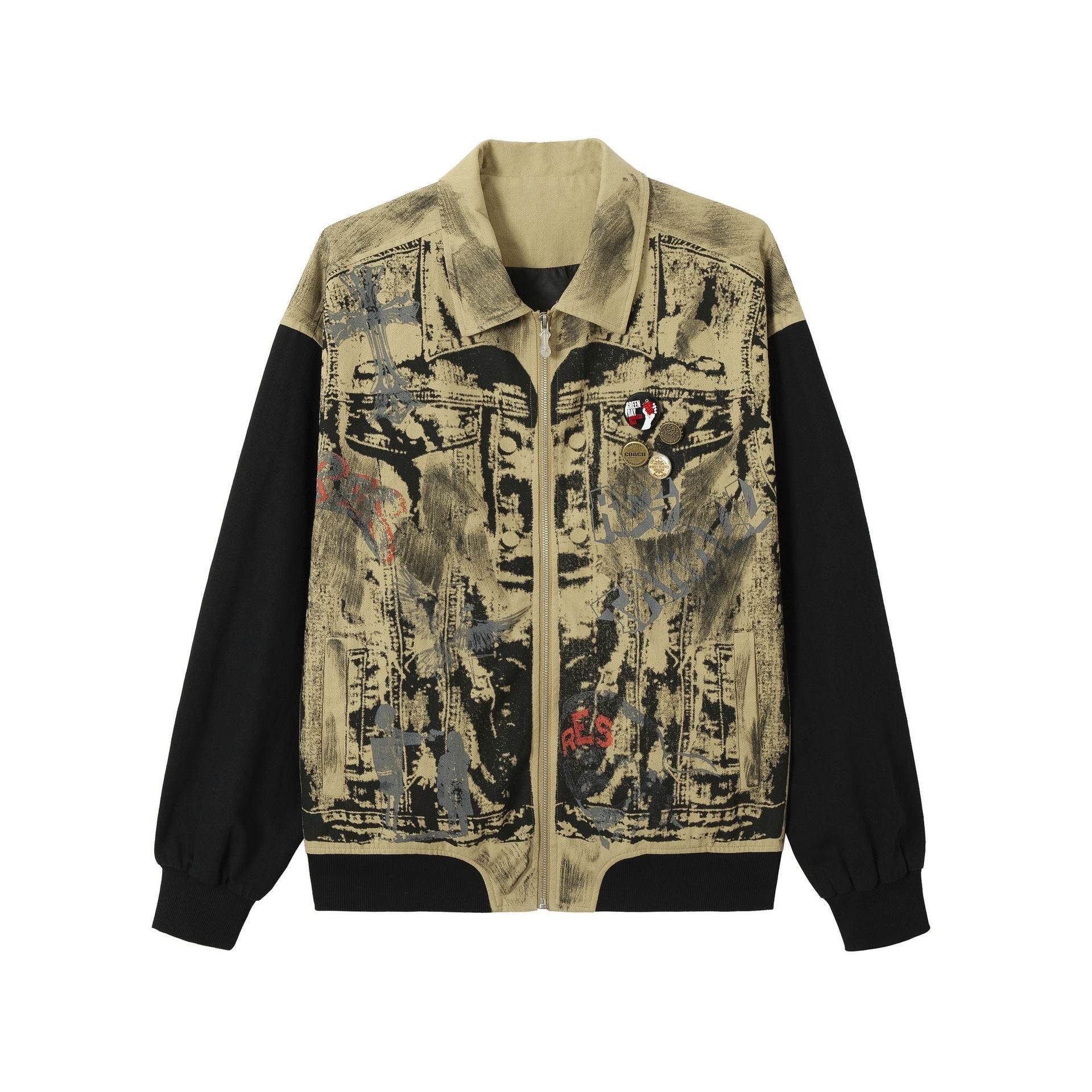 American Retro Graffiti And Badge Decoration Stitching Jacket For Men Desert Color MuddyStock