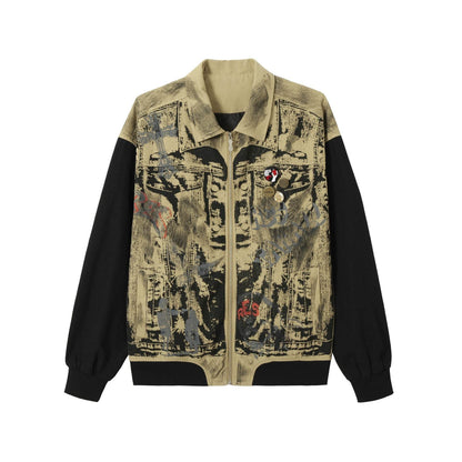 American Retro Graffiti And Badge Decoration Stitching Jacket For Men Desert Color MuddyStock
