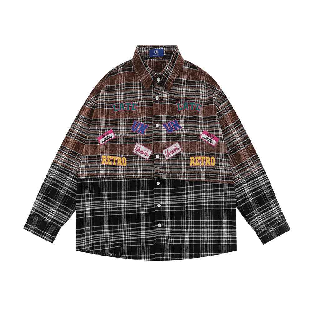 Plaid Women's Stitching Embroidered Letter Long Sleeve Shirt null