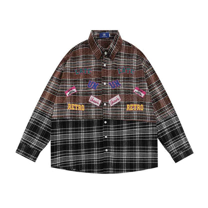 Plaid Women's Stitching Embroidered Letter Long Sleeve Shirt null