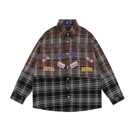 Plaid Women's Stitching Embroidered Letter Long Sleeve Shirt null
