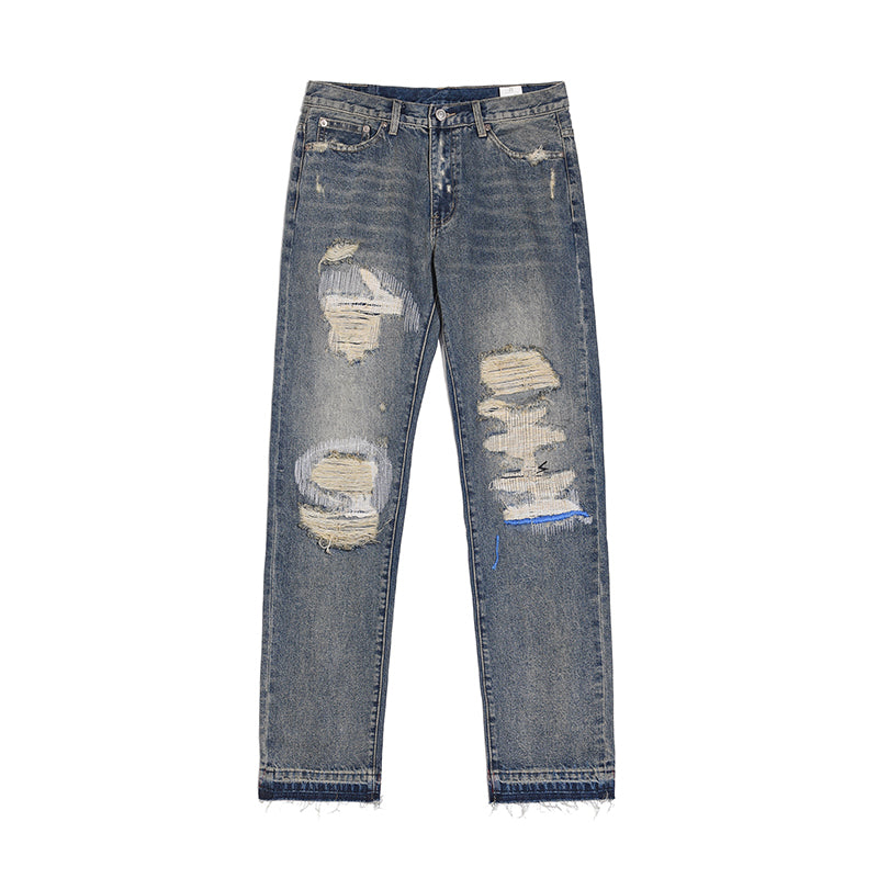 Havoc Blue Line Washed Distressed Men's VIBE Straight Jeans Washed Blue MuddyStock