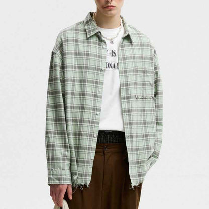 American-style Plaid Shirt With Raw Edges For Men null