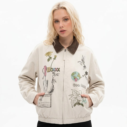 Colorful Floral Print Loose Detroit Work Jacket For Women | MuddyStock Originals