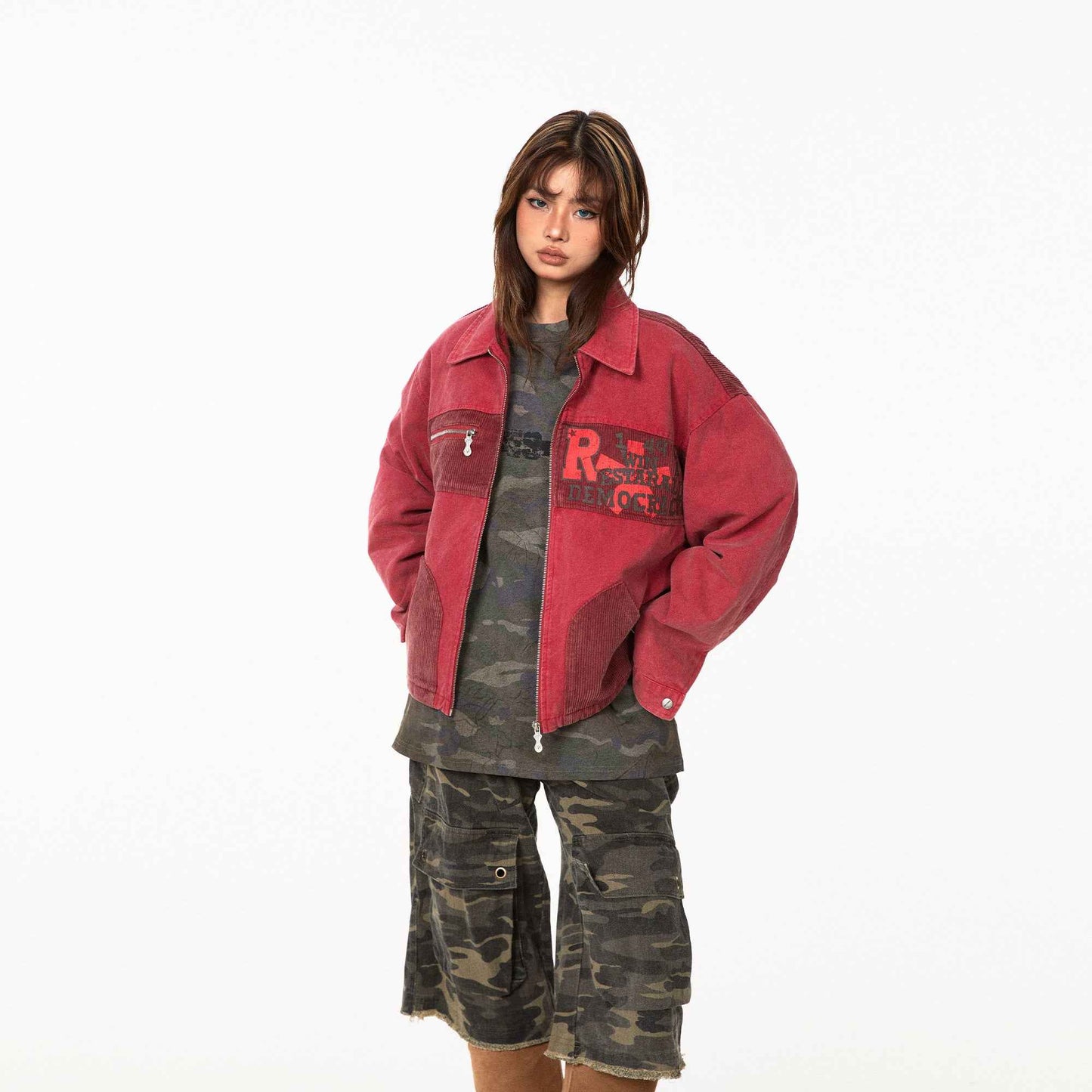 Patchwork Texture Three-dimensional Corduroy Pocket Baggy Jacket For Women MuddyStock