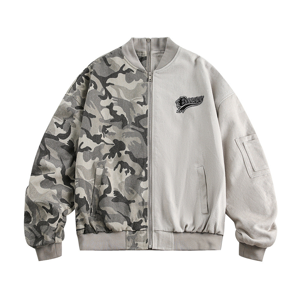 American Camouflage Stitching Baseball Uniform Jacket For Women Gray