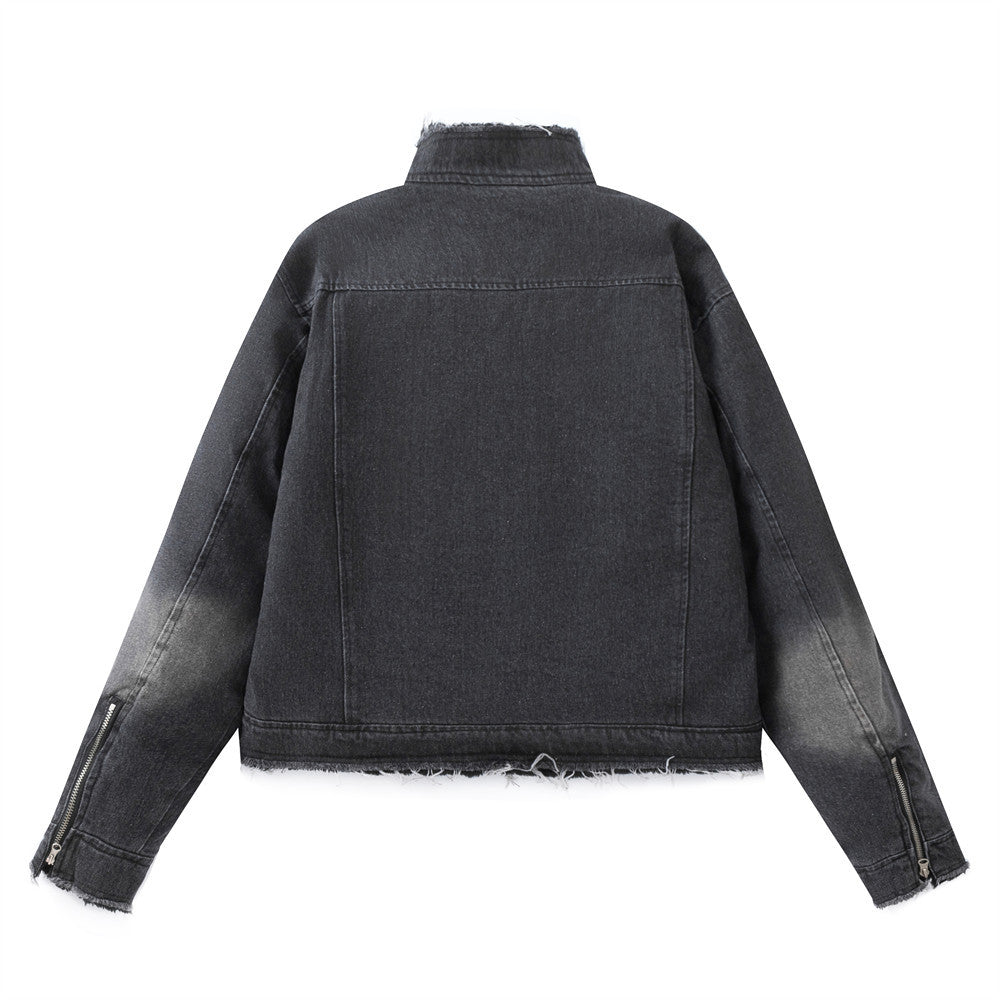 Washing Gradient Frayed Hem Denim Jacket For Women MuddyStock null