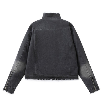 Washing Gradient Frayed Hem Denim Jacket For Women MuddyStock null