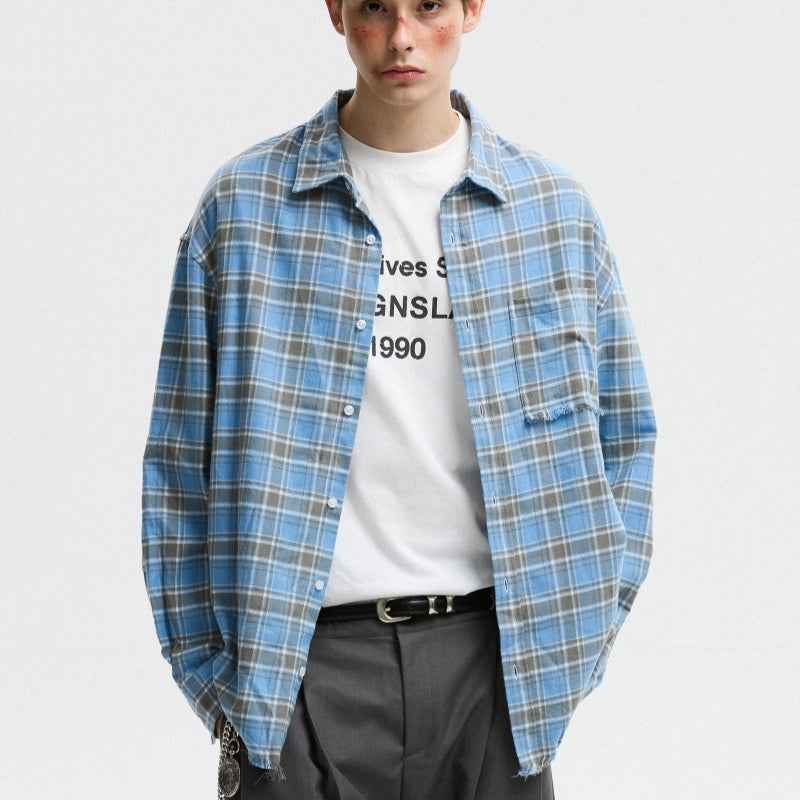 American-style Plaid Shirt With Raw Edges For Men Blue null