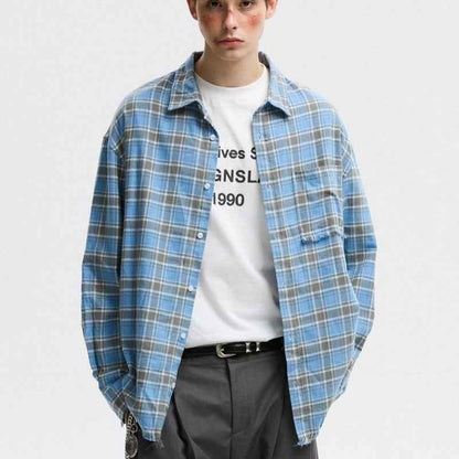 American-style Plaid Shirt With Raw Edges For Men Blue null
