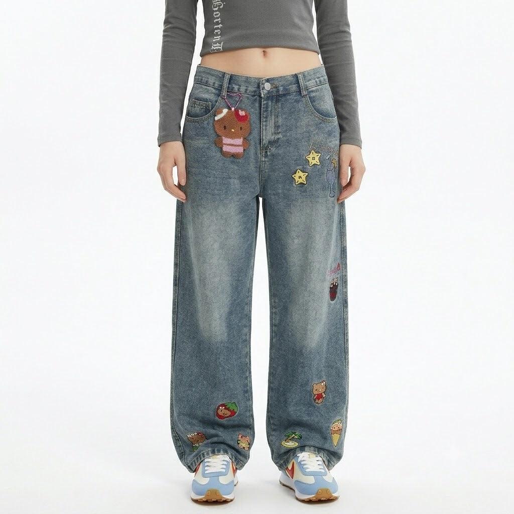 Kitty cat embroidered vintage jeans for women