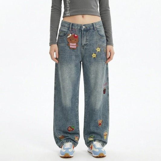 Kitty cat embroidered vintage jeans for women