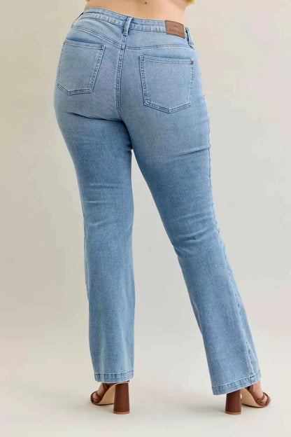 Judy Blue Full Size Mid Rise Bootcut Jeans with Contrast Wash & Front Patch Pockets For Women Trendsi