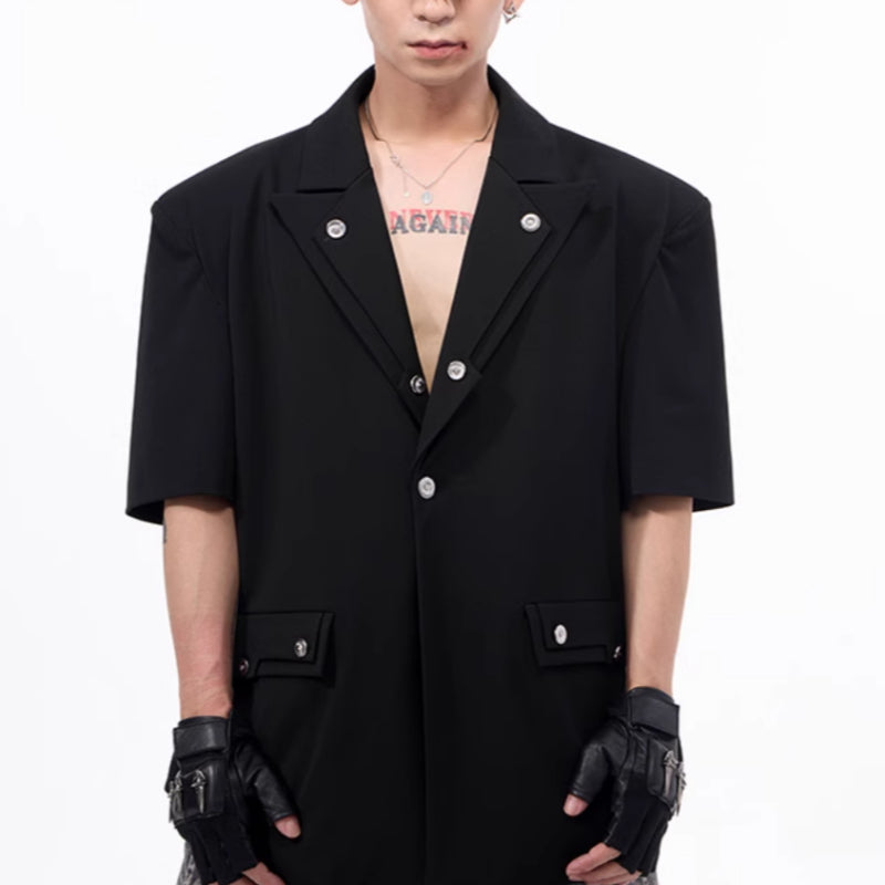 Men's Summer Silhouette Shoulder Padded Short Sleeved Jacket Black