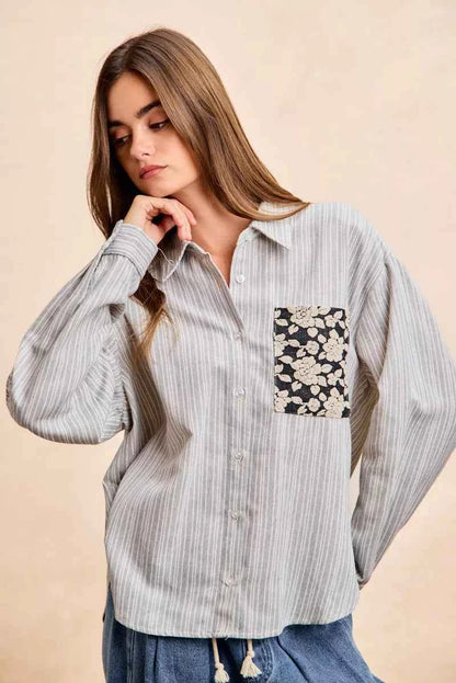 Flower Jacquard Knit Patch Pocket Stripe Shirt For Women Trendsi