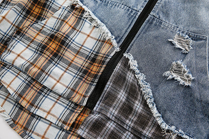 Irregular Stitching Plaid Denim Jacket For Women MuddyStock null