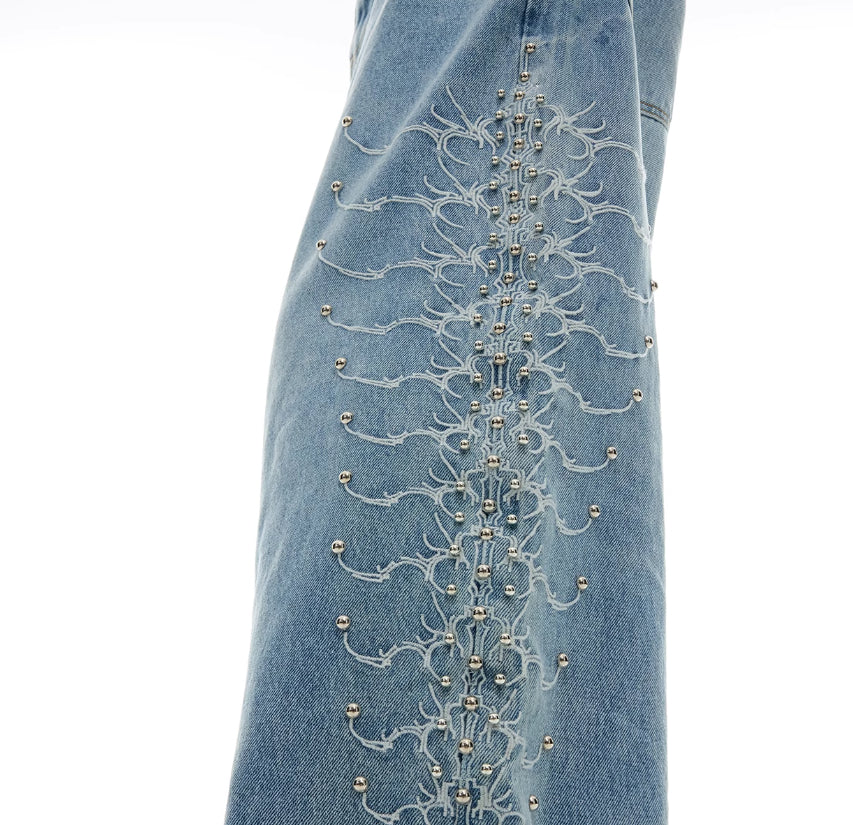 Niche Retro Washed Backbone Rivet Design Jeans For Men