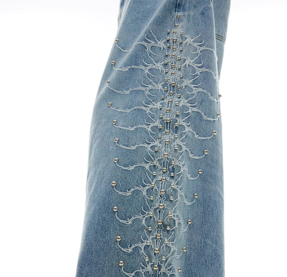 Niche Retro Washed Backbone Rivet Design Jeans For Men