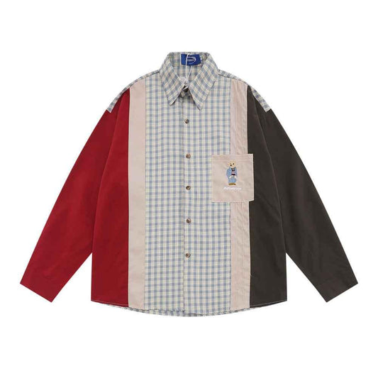 Plaid Asymmetric Stitching Long-sleeved Shirt For Men And Women null