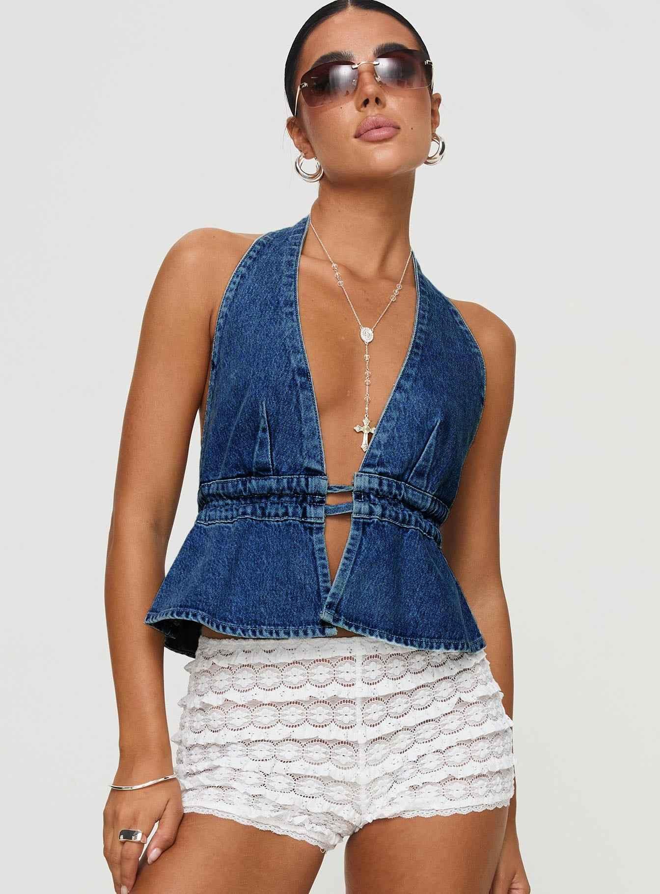 Washed Denim Exposed Back Halter Lace-up Top Dark Blue MuddyStock