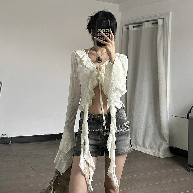 Ruffled V-neck Cropped Top For Women