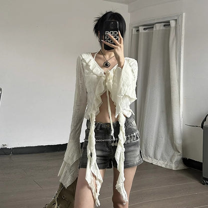 Ruffled V-neck Cropped Top For Women