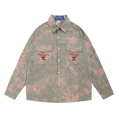 Plaid Tie-dyed Long-sleeved Shirt For Men null
