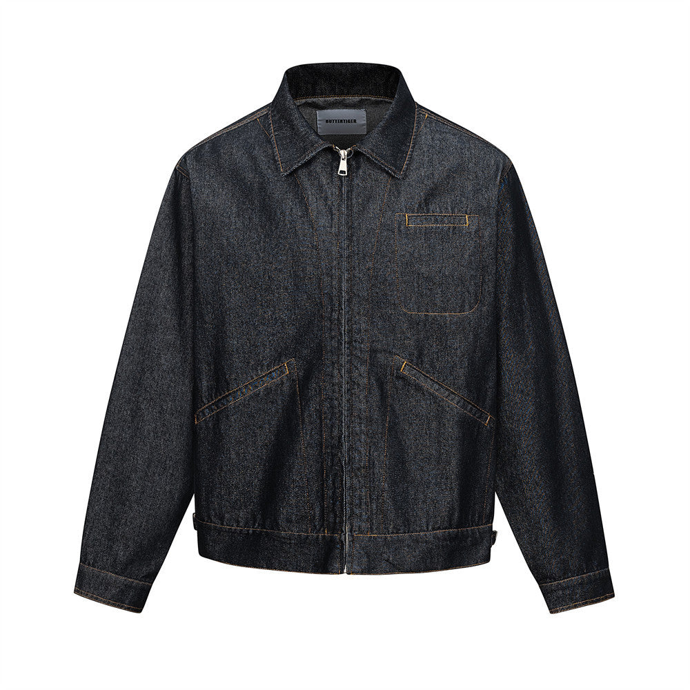 Men's Vintage Denim Jacket Streetwear Contrast Stitching Oversized Collar Jacket Raw Denim