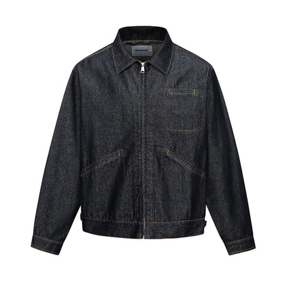 Men's Vintage Denim Jacket Streetwear Contrast Stitching Oversized Collar Jacket Raw Denim