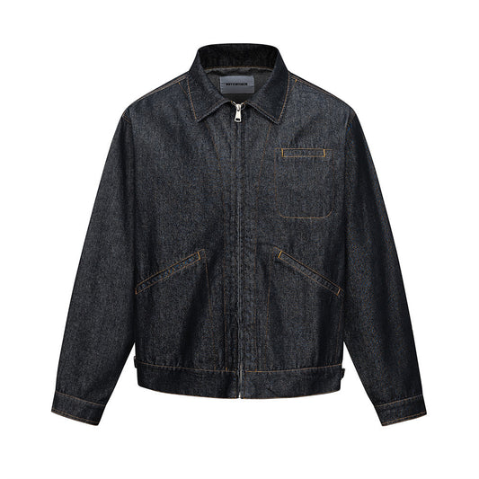 Men's Vintage Denim Jacket Streetwear Contrast Stitching Oversized Collar Jacket Raw Denim