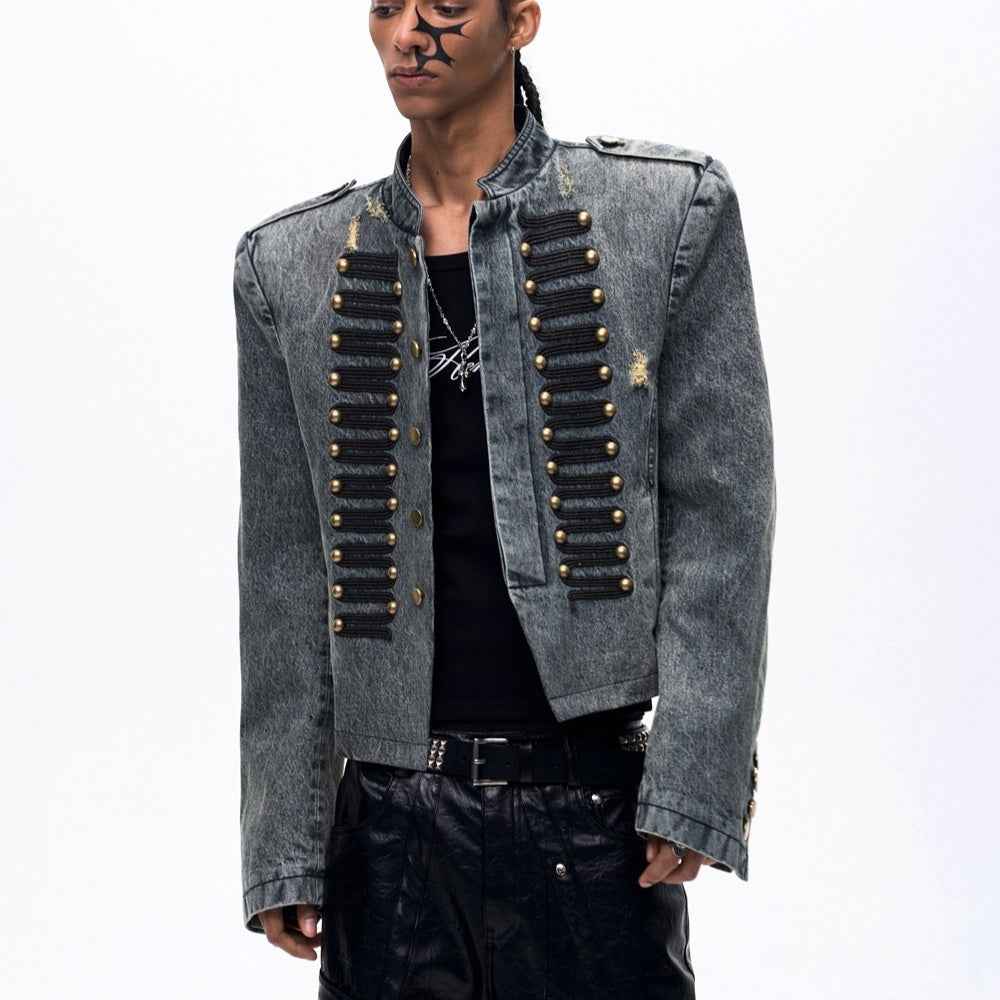 Retro Court-Style Stand-Up Collar Denim Jacket For Men