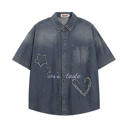 Fashion Punk Denim Short Sleeve Shirt Women Blue MuddyStock