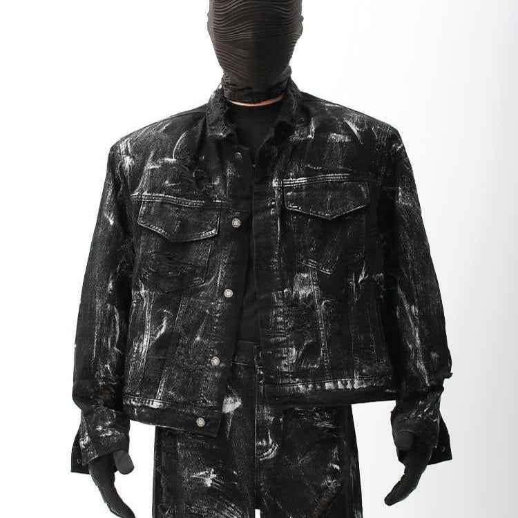 Street Graffiti Washed Make Old Ripped Denim Coat For Men Black