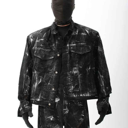 Street Graffiti Washed Make Old Ripped Denim Coat For Men Black