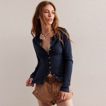 Round Neck Cardigan For Women Purplish Blue MuddyStock
