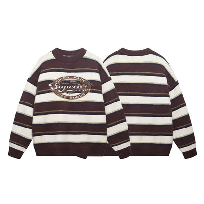 Letter Embroidery Striped Round Neck Sweater For Men | MuddyStock Originals MuddyStock