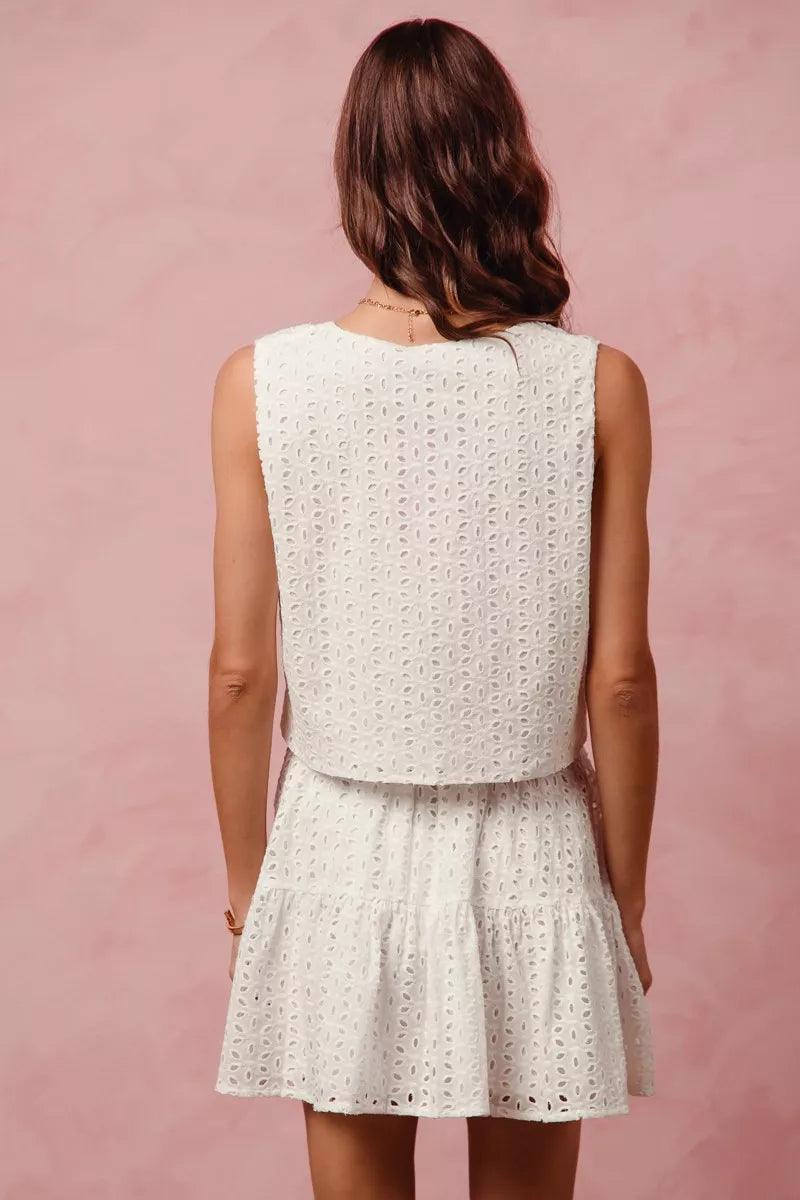 Floral Eyelet Lace Tie Front Vest Top and Tiered Mini Skirt Set