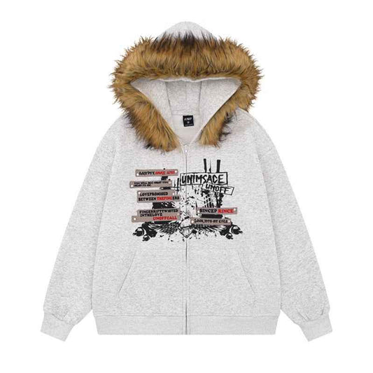 American High Street Decorative Rivets Fur Collar Hoodie For Women MuddyStock