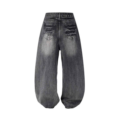 Retro Washed Distressed Loose-fit Wide-leg Denim Pants For Men And Women
