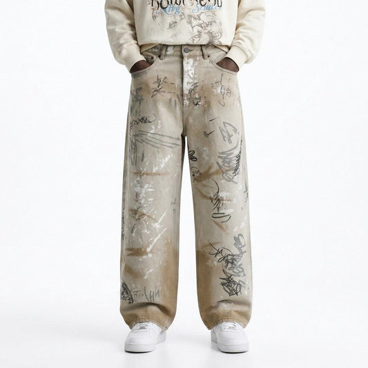 Hand Painted Graffiti Worn Jeans For Men null