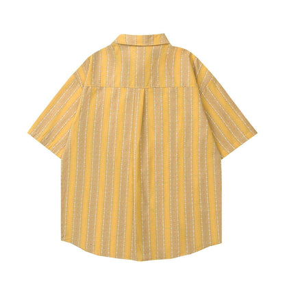 Retro Cartoon Applique Striped Short Sleeve Shirt for Men and Women | MuddyStock Originals