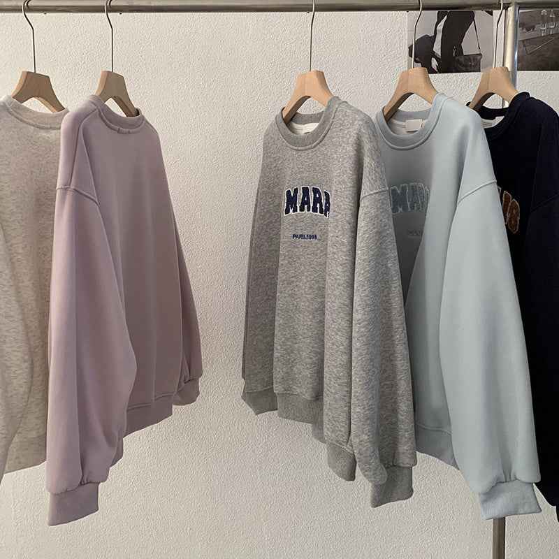 Round Neck Towel Embroidery Letter Fleece Long Sleeve Sweatshirt Loose Warm Hooded Top for Women eprolo