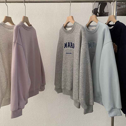 Round Neck Towel Embroidery Letter Fleece Long Sleeve Sweatshirt Loose Warm Hooded Top for Women eprolo