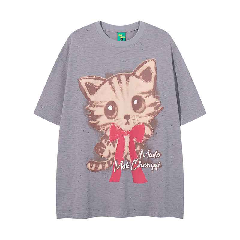 Retro Cute Cat Print Short Sleeve T-Shirt For Women | MuddyStock Originals Gray MuddyStock