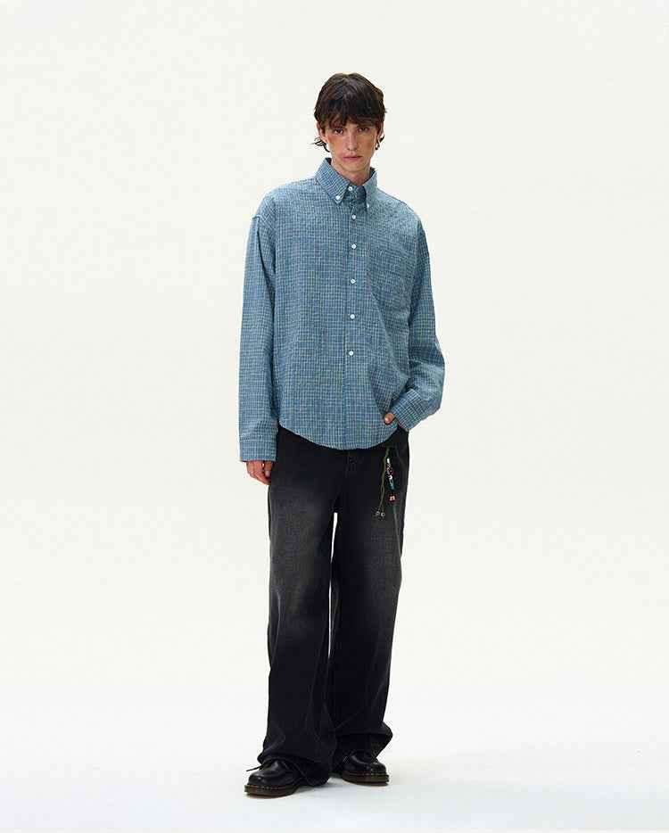 American Style Vintage Plaid Pleated Shirt For Men null