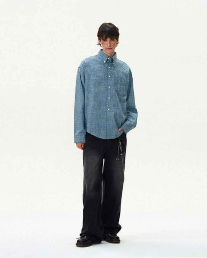 American Style Vintage Plaid Pleated Shirt For Men null