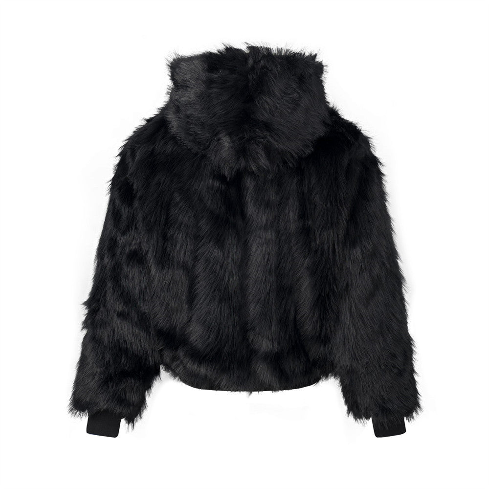 Men's Trendy Cross Patch Embroidery Faux Fur Hooded Cotton Padded Jacket