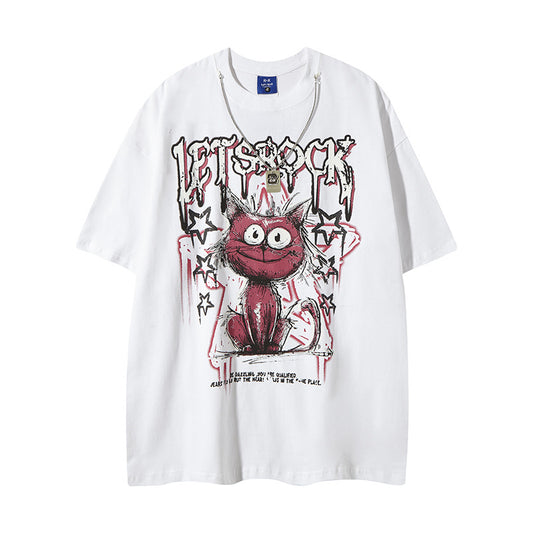 Streetwear Cartoon Cat Graffiti Letter T-Shirt with Necklace For Men And Women | MuddyStock Originals MuddyStock